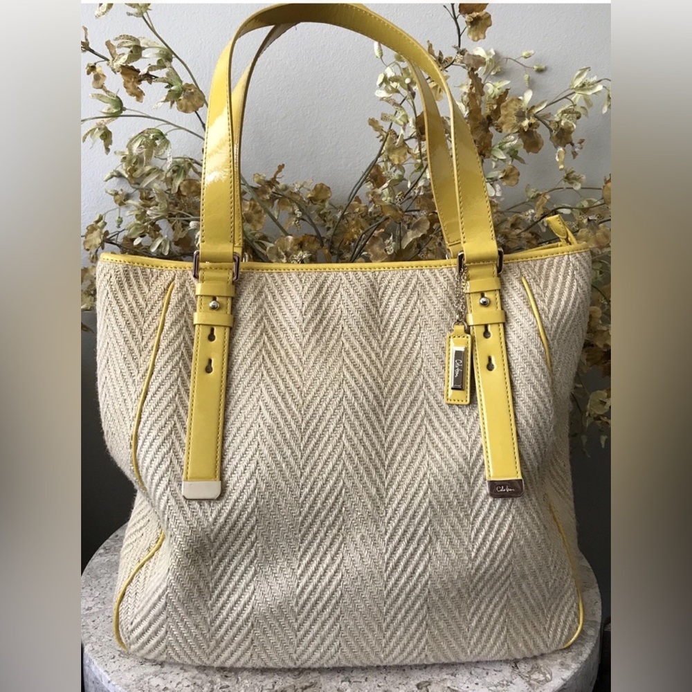 Cole Hahn Kendra Herringbone Woven Large Tote with Bright Yellow Trim